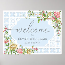 Blå Chinoiserie Blommig Välkomstskylt för Baby Sho Poster