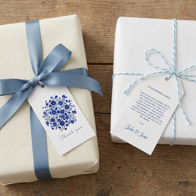 Blå Chinoiserie Blomsterbukett Bröllop Tack Presentetikett (Blue Chinoiserie Floral bouquet Wedding Thank You Gift Tags)