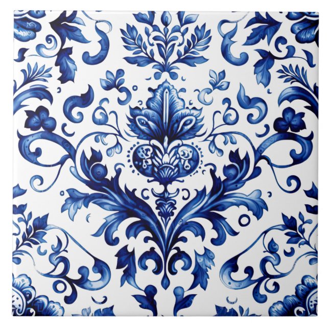 Blå Chinoiserie Damask Barock ornament  Kakelplatta (Framsidan)