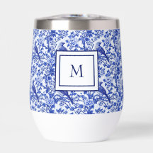 Blå Chinoiserie Fågel Monogram Blomma