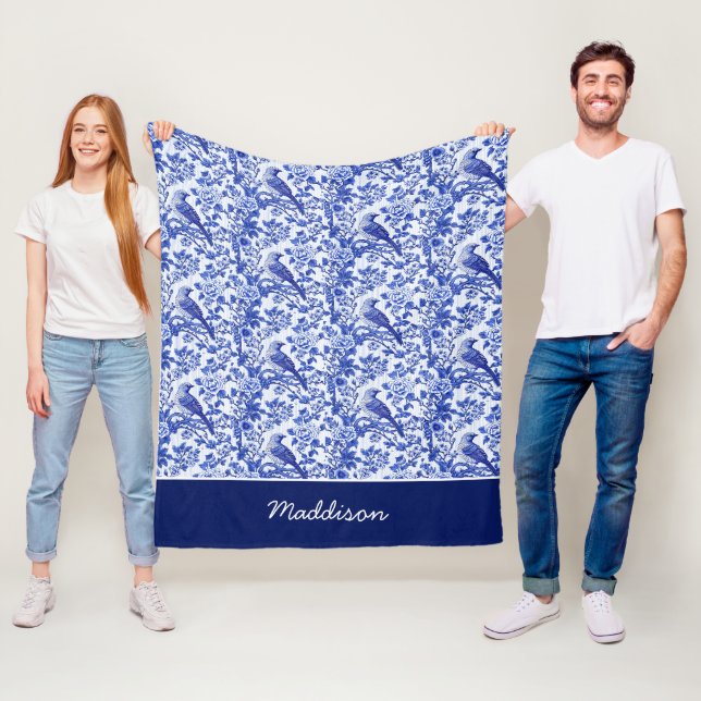 Blå Chinoiserie Fågel Monogram Blomma Fleecefilt (På plats)