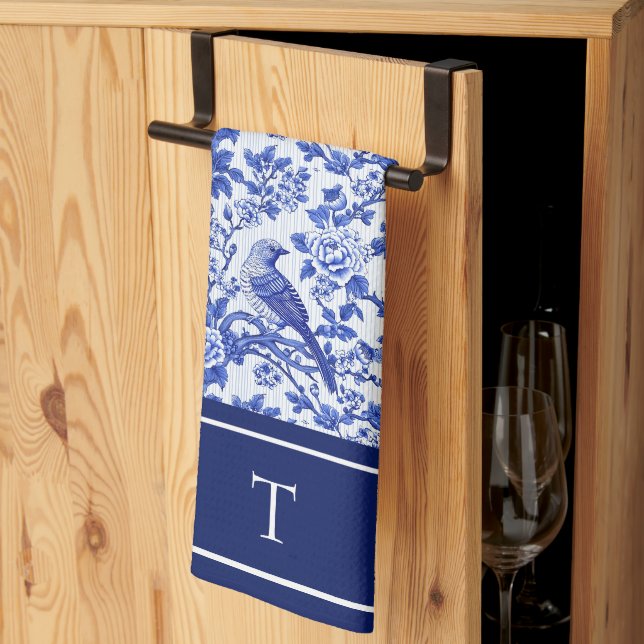 Blå Chinoiserie Fågel Monogram Blomma Kökshandduk (Thirds Fold)