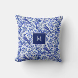 Blå Chinoiserie Fågel Monogram Blomma Kudde