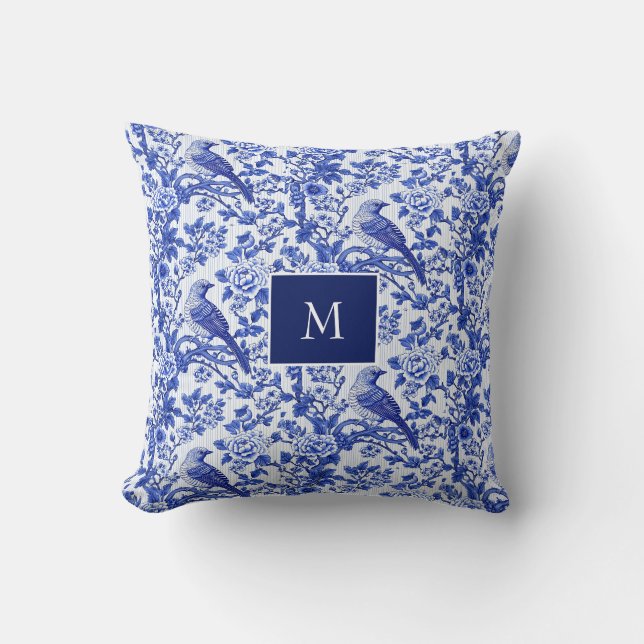 Blå Chinoiserie Fågel Monogram Blomma Kudde (Framsida)