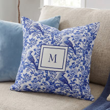 Blå Chinoiserie Fågel Monogram Blomma