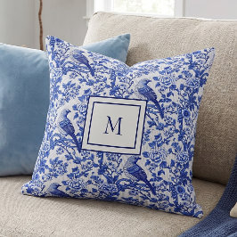 Blå Chinoiserie Fågel Monogram Blomma Kudde