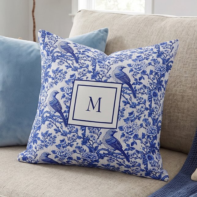 Blå Chinoiserie Fågel Monogram Blomma Kudde (Skapare uppladdad)