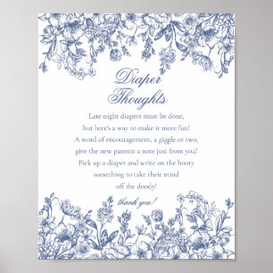 Blå Chinoiserie Flora Diaper Tankar Baby Shower Poster