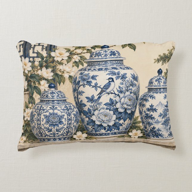 Blå Chinoiserie Ginger Krukor Prydnadskudde (Framsidan)