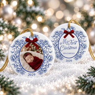 Blå Chinoiserie Min Första Julen Foto Ornament