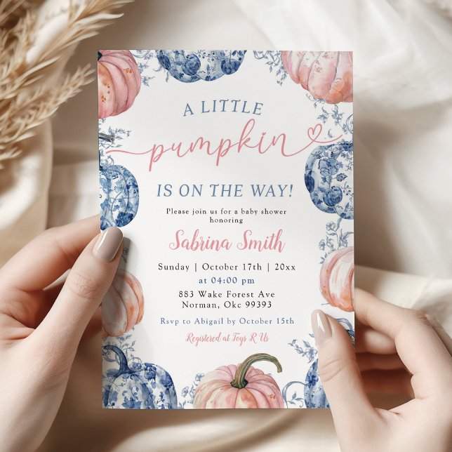Blå Chinoiserie och Rosa Pumpa Höst Baby Shower Inbjudningar (Skapare uppladdad)