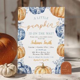 Blå Chinoiserie Orange Pumpkin Bebis Bebisdopp Inbjudningar