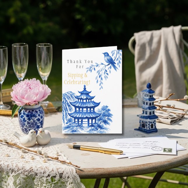 Blå Chinoiserie Pagod Blommig Tacksam Tack Kort (
Blue Chinoiserie Pagoda floral Thank You)