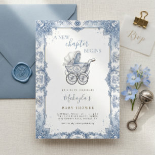 Blå Chinoiserie Toile Barnvagn Baby Shower Inbjudningar