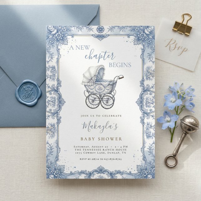Blå Chinoiserie Toile Barnvagn Baby Shower Inbjudningar (Skapare uppladdad)