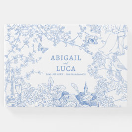 Blå Chinoiserie Toile de Jouy Bröllopsdatum Spara Gästböcker