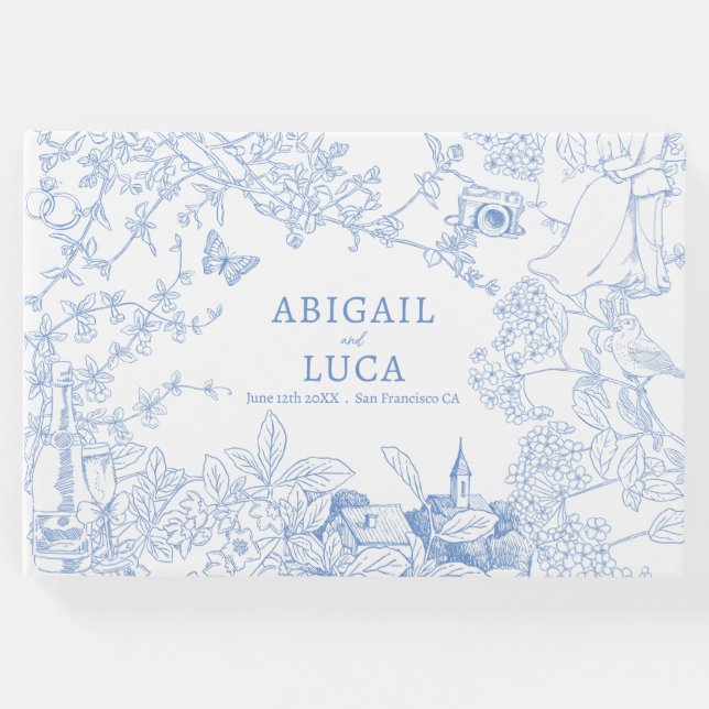 Blå Chinoiserie Toile de Jouy Bröllopsdatum Spara Gästböcker (Framsida)