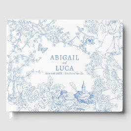Blå Chinoiserie Toile de Jouy Bröllopsdatum Spara Gästböcker