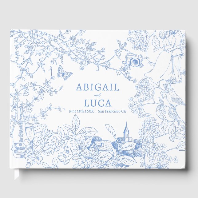 Blå Chinoiserie Toile de Jouy Bröllopsdatum Spara Gästböcker (Framsida)