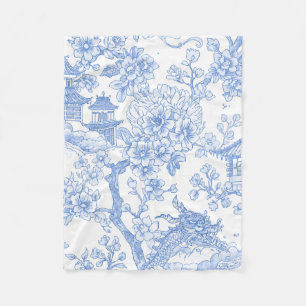 Blå Chinoiserie Toile Drak Sakura Fleecefilt