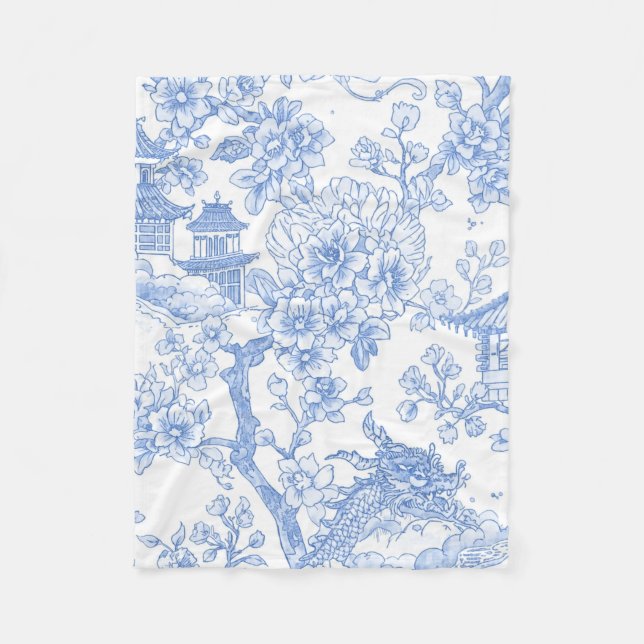 Blå Chinoiserie Toile Drak Sakura Fleecefilt (Framsidan)