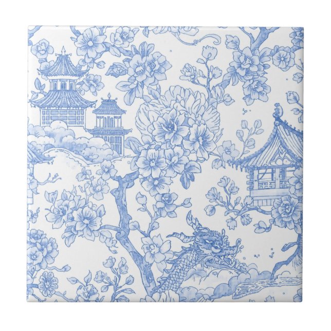 Blå Chinoiserie Toile Drak Sakura Kakelplatta (Framsidan)