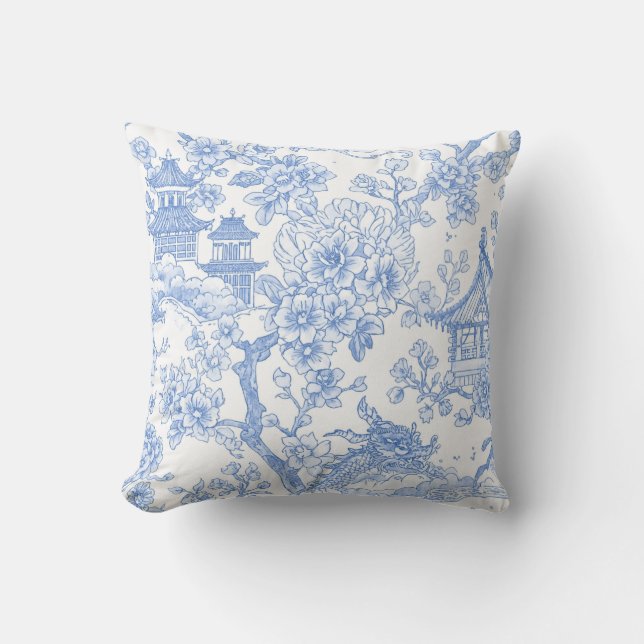 Blå Chinoiserie Toile Drak Sakura Kudde (Framsida)