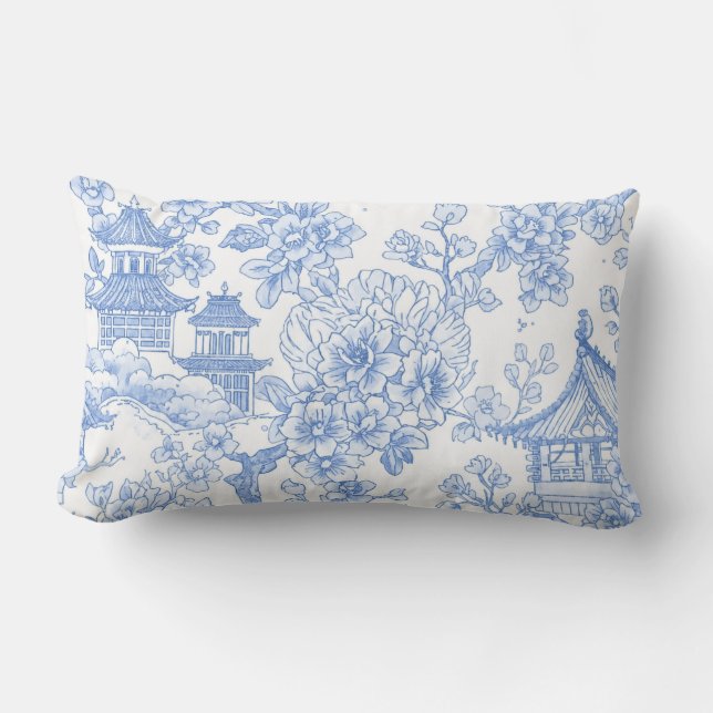 Blå Chinoiserie Toile Drak Sakura Lumbarkudde (Framsida)