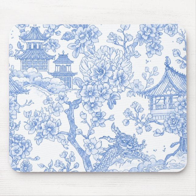 Blå Chinoiserie Toile Drak Sakura Musmatta (Framsidan)