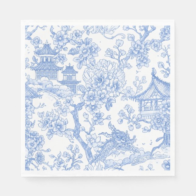 Blå Chinoiserie Toile Drak Sakura Pappersservett (Framsidan)
