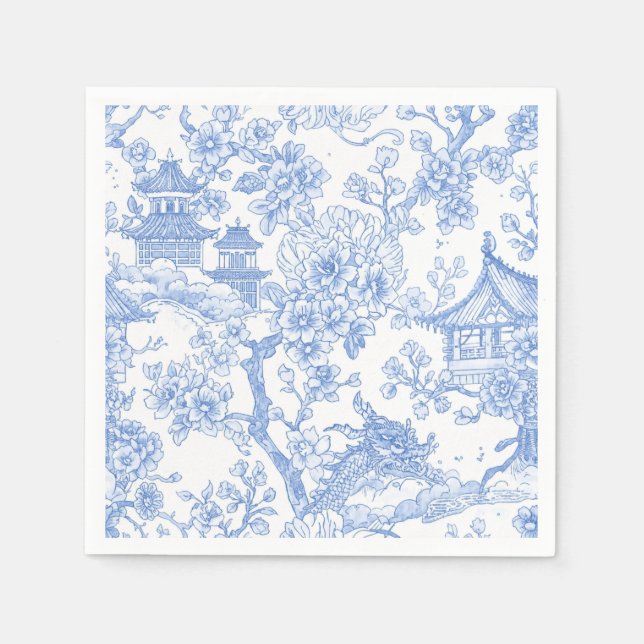 Blå Chinoiserie Toile Drak Sakura Pappersservett (Framsidan)