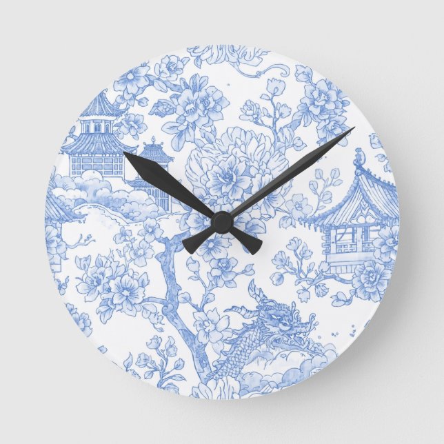 Blå Chinoiserie Toile Drak Sakura Rund Klocka (Framsida)
