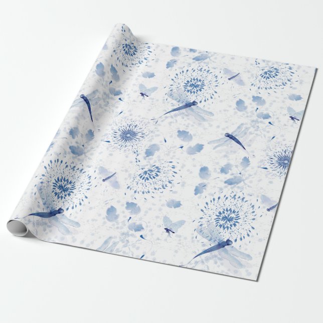 Blå Chinoiserie Trollslända Blommig Presentpapper (Utrullad)