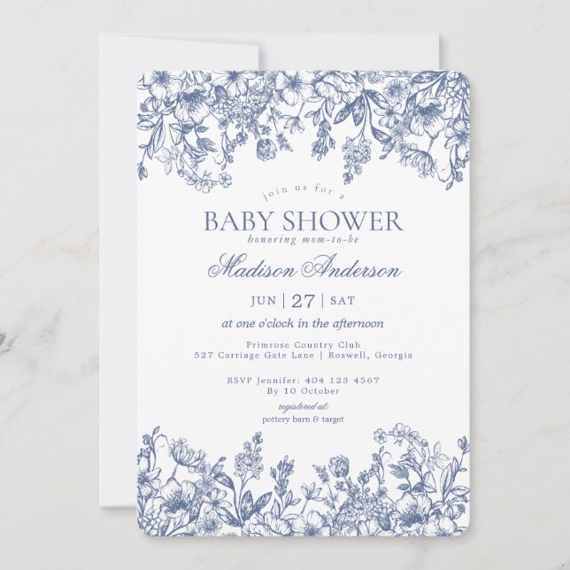 Blå Chinoiserie Vintage Blommande Bebis Shower Inbjudningar (Framsida)