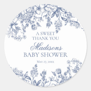 Blå Chinoiserie Vintage Blommig Baby Shower Cirkel Runt Klistermärke
