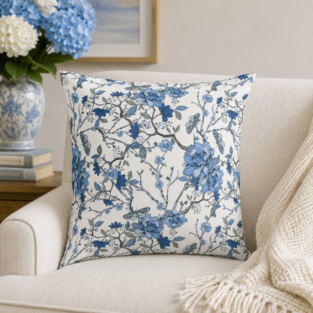 Blå Chinoiserie Vintage Blommor Botanisk Kudde (Skapare uppladdad)