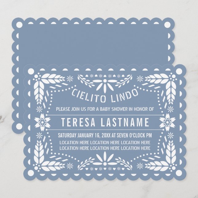 Blå cielito lindo papel picado pojke dusch inbjudningar (Fram/baksida)