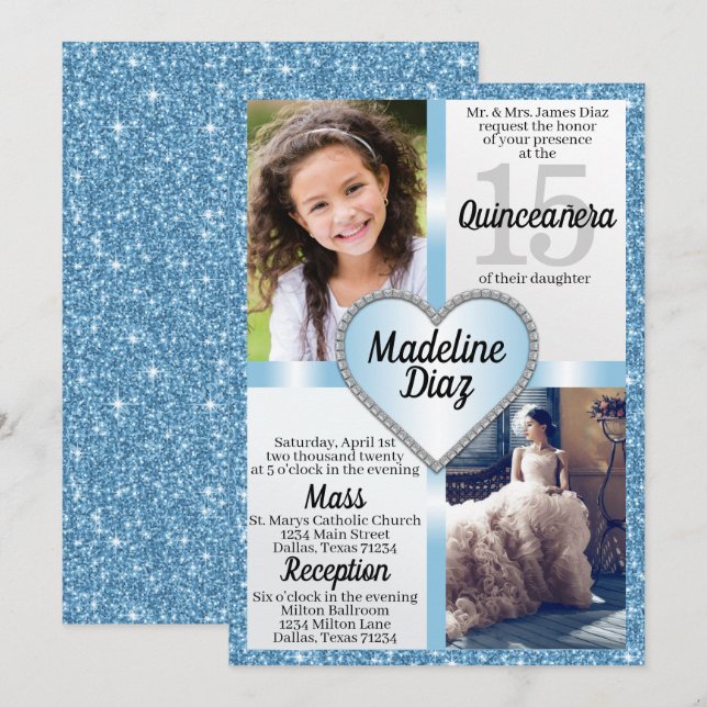 Blå Cinderella Quinceañera-inbjudan Cumpleaños Inbjudningar (Fram/baksida)