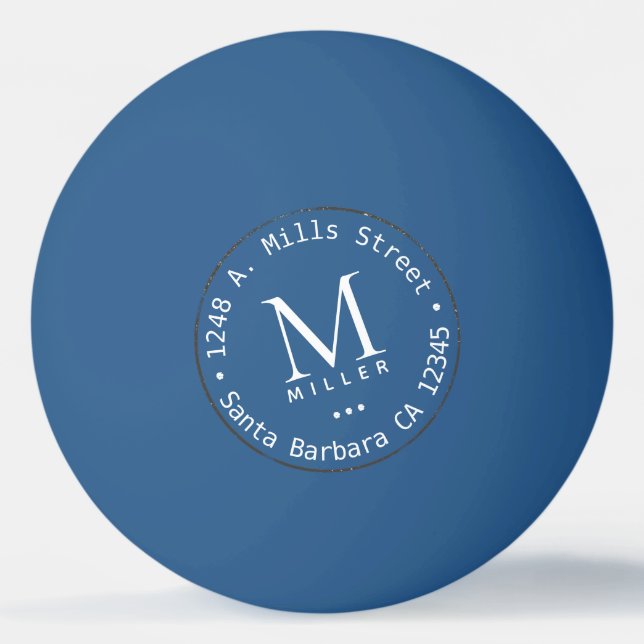 blå cirkel, monogram namn och inledande pingisboll (Framsidan)