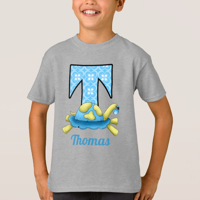 Blå cirkel Skriv ut Turtle Monogram Brev T T-shirt (Framsida)