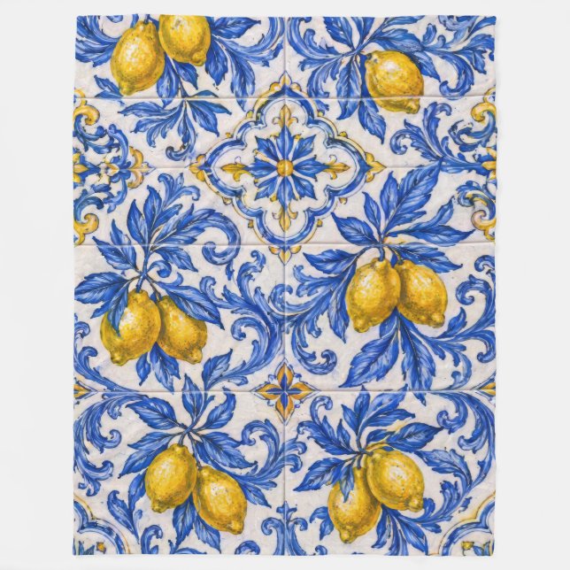 Blå Citron Azulejo Kakel Fleecefilt (Framsidan)