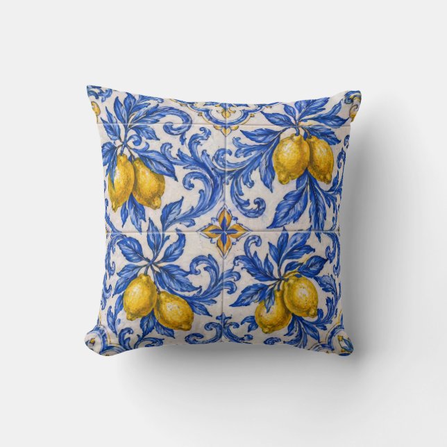 Blå Citron Azulejo Kakel Kudde (Framsida)