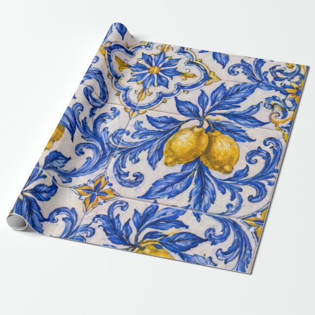 Blå Citron Azulejo Kakel Presentpapper (Utrullad)