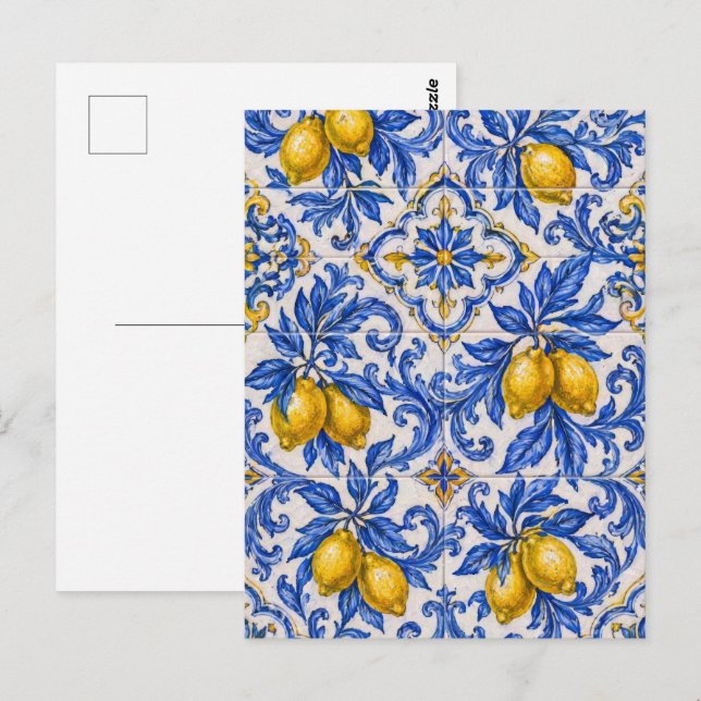 Blå Citron Azulejo-platta Vykort (Fram/baksida)