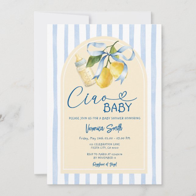 Blå Citron Babyflaska Ciao Baby Shower Inbjudan (Framsida)
