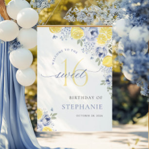 Blå Citron Blommig Sweet Sixteen Födelsedagsskylt Poster