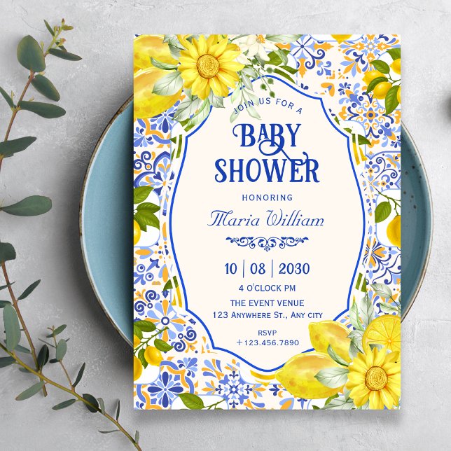 Blå citronglattice konst baby shower inbjudningar (Skapare uppladdad)