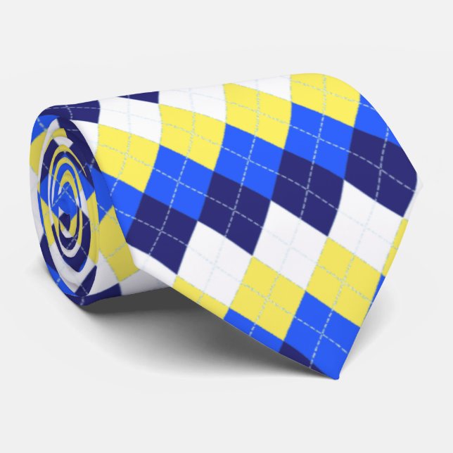 Blå, citronyellow och vit argyle slips (Rullad)