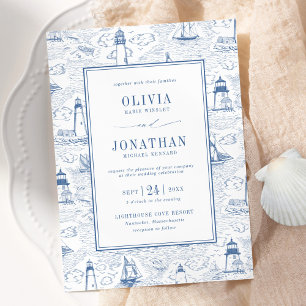 Blå Coastal Chic fyr Toile Bröllop Inbjudningar