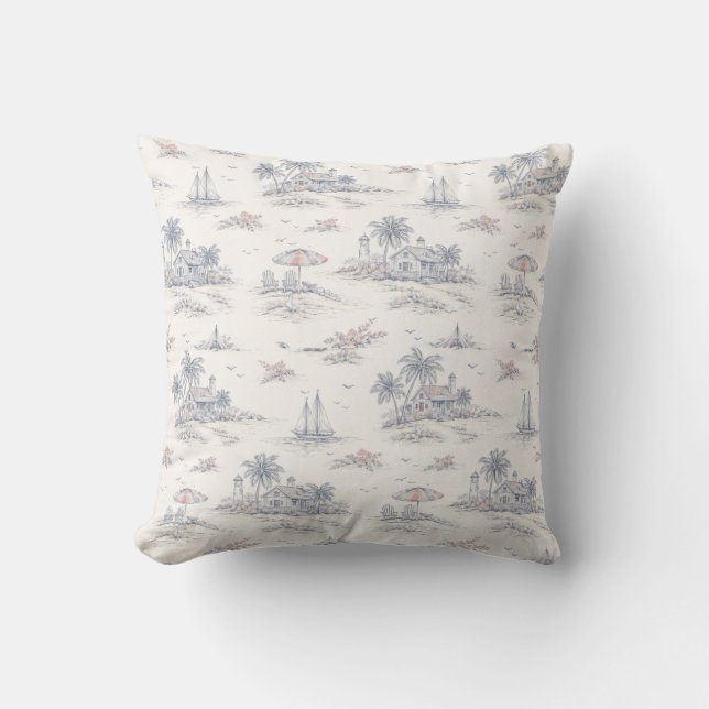 Blå Coastal French Toile Kudde (Framsida)
